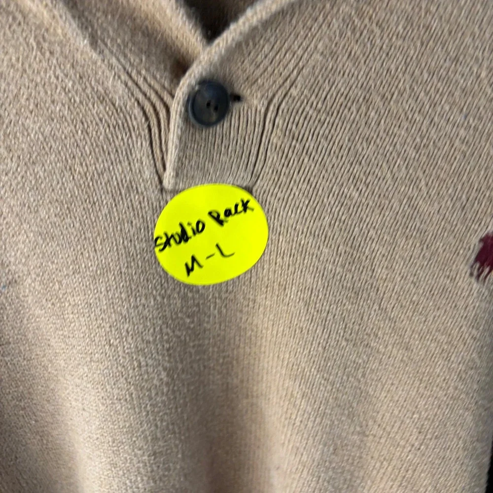 Polo Ralph Lauren Men Tan Brown Button Mock Neck Pony Logo Knit Sweater Large
